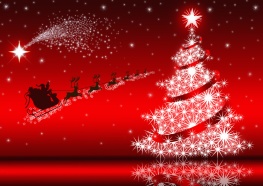 Santa Claus &amp; Christmas tree on red background